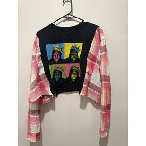Reworked Upcycle Grunge Oversize Crop Notorious B.I.G Flannel Sweater L/XL